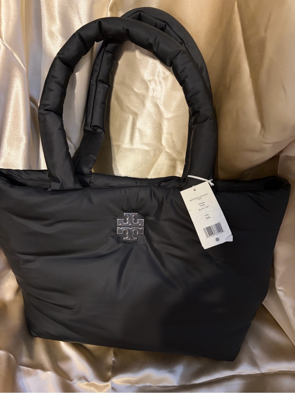 Tory Burch Black Quilted Puffer Tote with Logo Detail